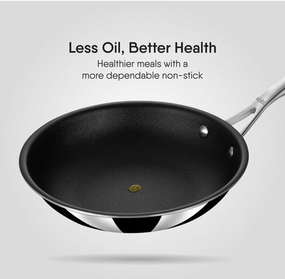 Stahl Artisan Schild Frypan Triply Stainless Steel + PEEK-Reinforced Non-Stick Fry Pan | Induction & Gas Compatible | with Glass Lid