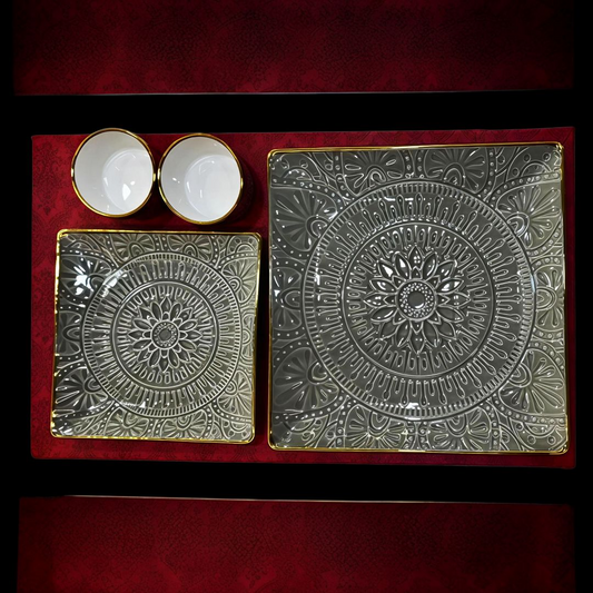 Golden lined fully engraved ceramic 9pc snacks set