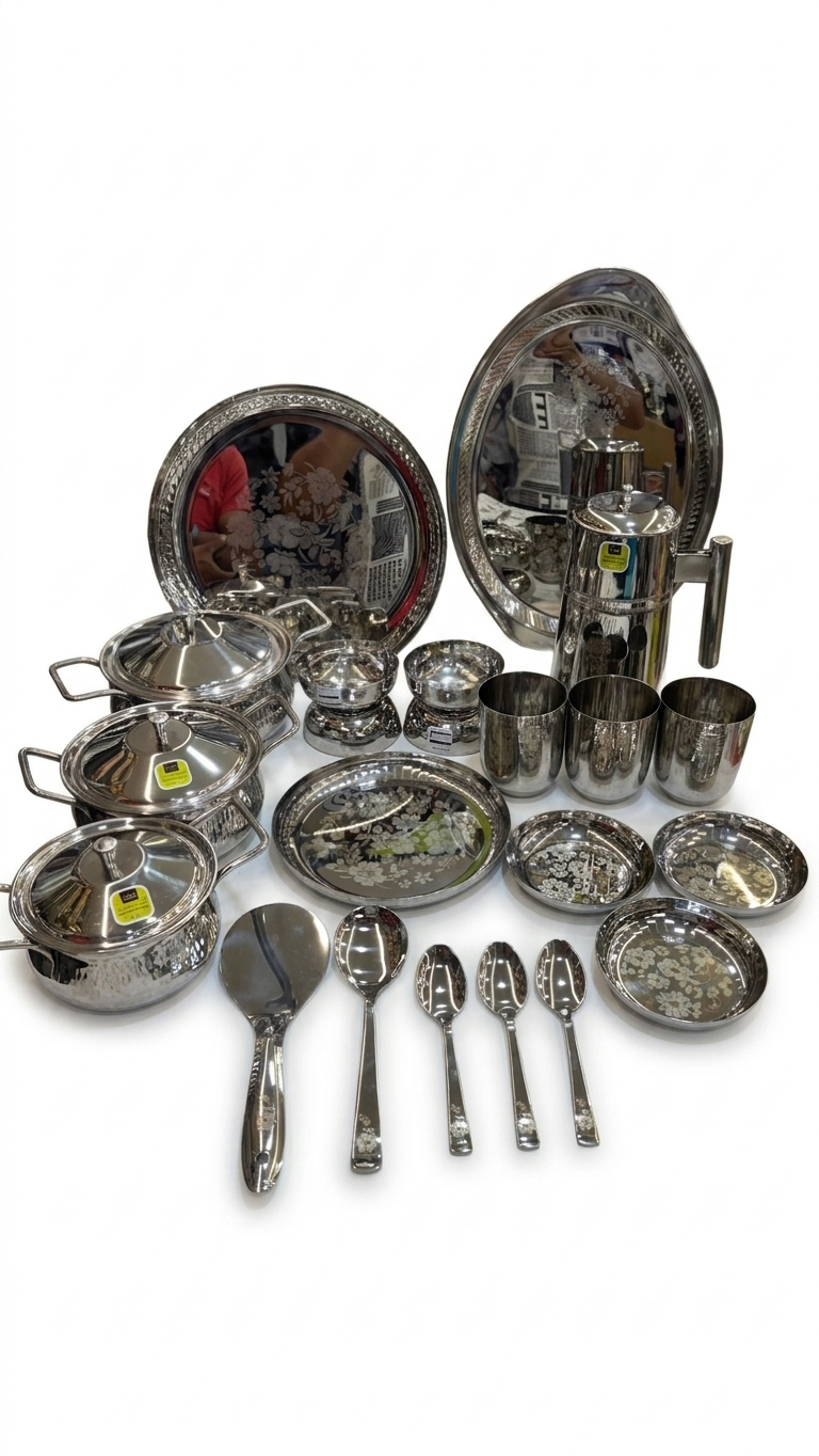 51pc 100% pure stainless steel dinner set| brand_Mirror | hammered