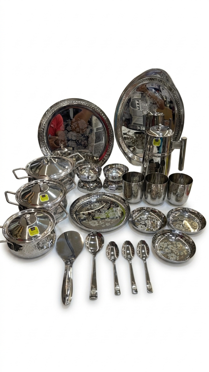 51pc 100% pure stainless steel dinner set| brand_Mirror | hammered