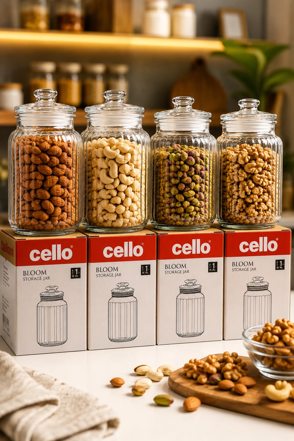 Cello Bloom Airtight Glass Jar – Ribbed Textured Kitchen Storage Containers for Dry Food, Snacks & Dry Fruits