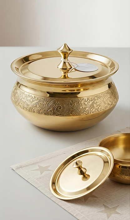 Hand-Etched Pure Brass Handi Set with Lids | Traditional Handcrafted Pital Cookware & Serveware (600ml, 1750ml, 3500ml)