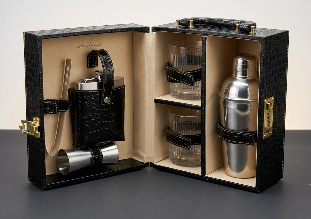 Luxury Portable Travel Bar Accessories Set with Handcrafted Briefcase Case