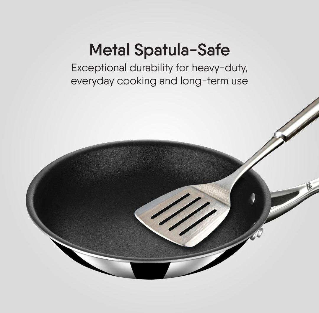 Stahl Artisan Schild Frypan Triply Stainless Steel + PEEK-Reinforced Non-Stick Fry Pan | Induction & Gas Compatible | with Glass Lid