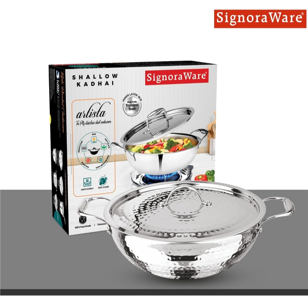 Signoraware Artista Tri Ply Stainless Steel Hammered Deep Kadhai with Steel Lid | Even Heat Distribution | Ideal for Deep Frying & Daily Indian Cooking Needs