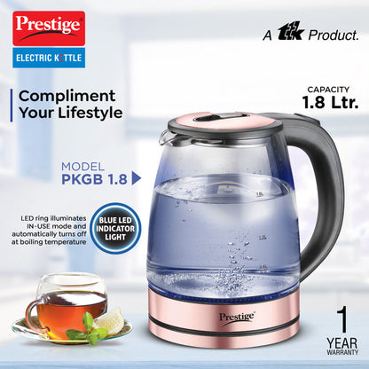 Prestige PKGB 1.8 Litre Electric Glass Kettle | Borosilicate Glass | Concealed Element | Cool Touch Handle