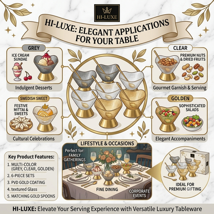 HI-LUXE Premium Glass Ice Cream Bowls Set with Golden PVD Coated Base & Spoons (Set of 6)