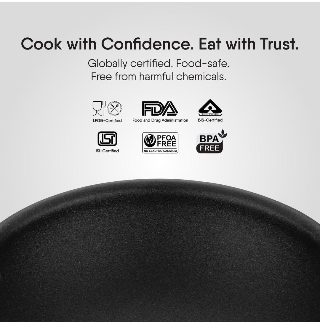 Stahl Artisan Schild Frypan Triply Stainless Steel + PEEK-Reinforced Non-Stick Fry Pan | Induction & Gas Compatible | with Glass Lid