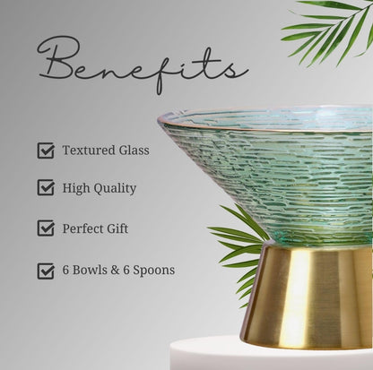 Hi-Lux Premium Green Glass Dessert Bowl Set – 6 Bowls with 6 golden Spoons