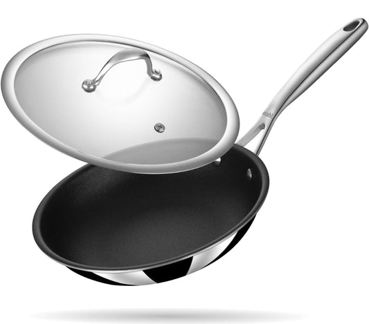 Stahl Artisan Schild Frypan Triply Stainless Steel + PEEK-Reinforced Non-Stick Fry Pan | Induction & Gas Compatible | with Glass Lid