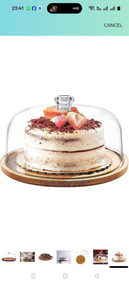Acrylic Dome Wooden Cake Stand, Dessert and Cupcake Display Stand, Pastry Stand,Round Cake Cutting Holder (11 x 4.5 inch)
