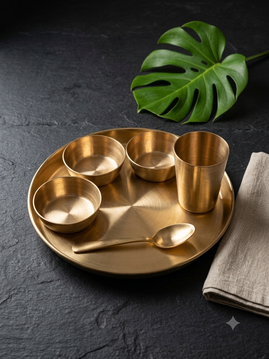 Lily Legacy 100% Pure Brass Thali Set – Handcrafted Traditional Indian Dinnerware Set (6 Pieces)