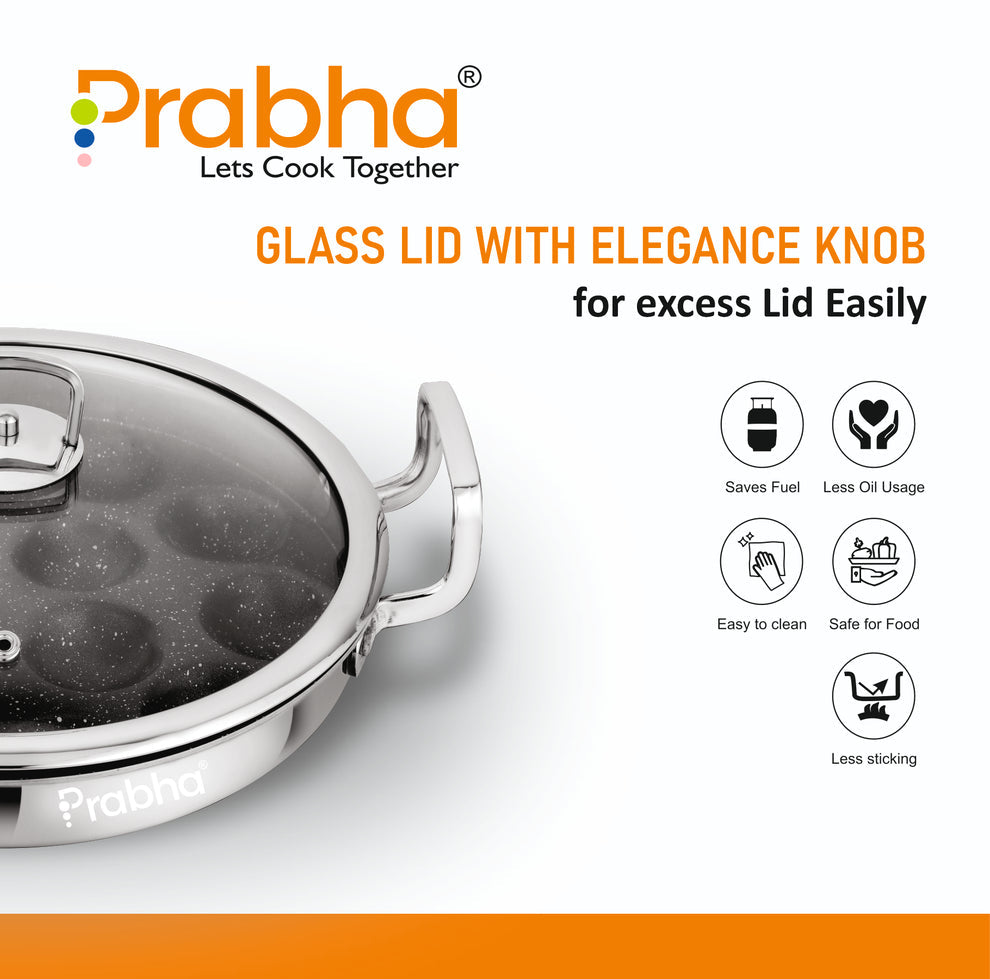 Prabha Amber Tri-ply Stainless Steel Stick-Resistant Paniyarakal With 14 Pits (26cm Diameter)-Induction Bottom