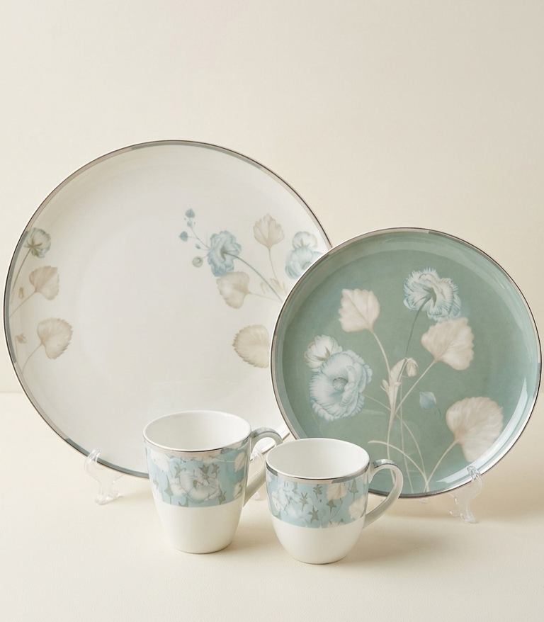 Lemon tree - Floral Ceramic Sip & Serve Essentials - Set Of 4 Mugs, 6 coffee & (6+1) Snack Plates