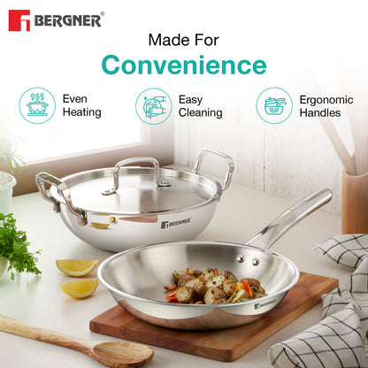 Bergner TriPro 4-Piece Triply Stainless Steel Cookware Set | 2L Kadai, 1L Frypan, 1.1L Teapan with Common Lid | Induction Compatible & Dishwasher Safe