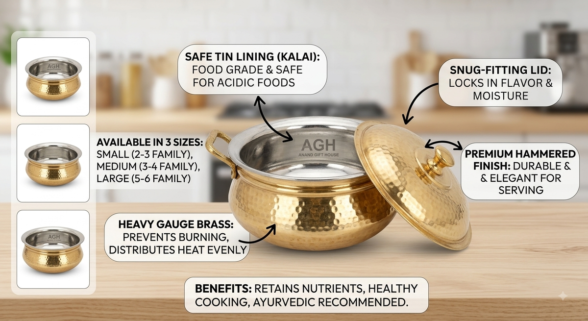 Pure Brass Hammered Cooking Handi with Tin Lining (Kalai) & Heavy Lid