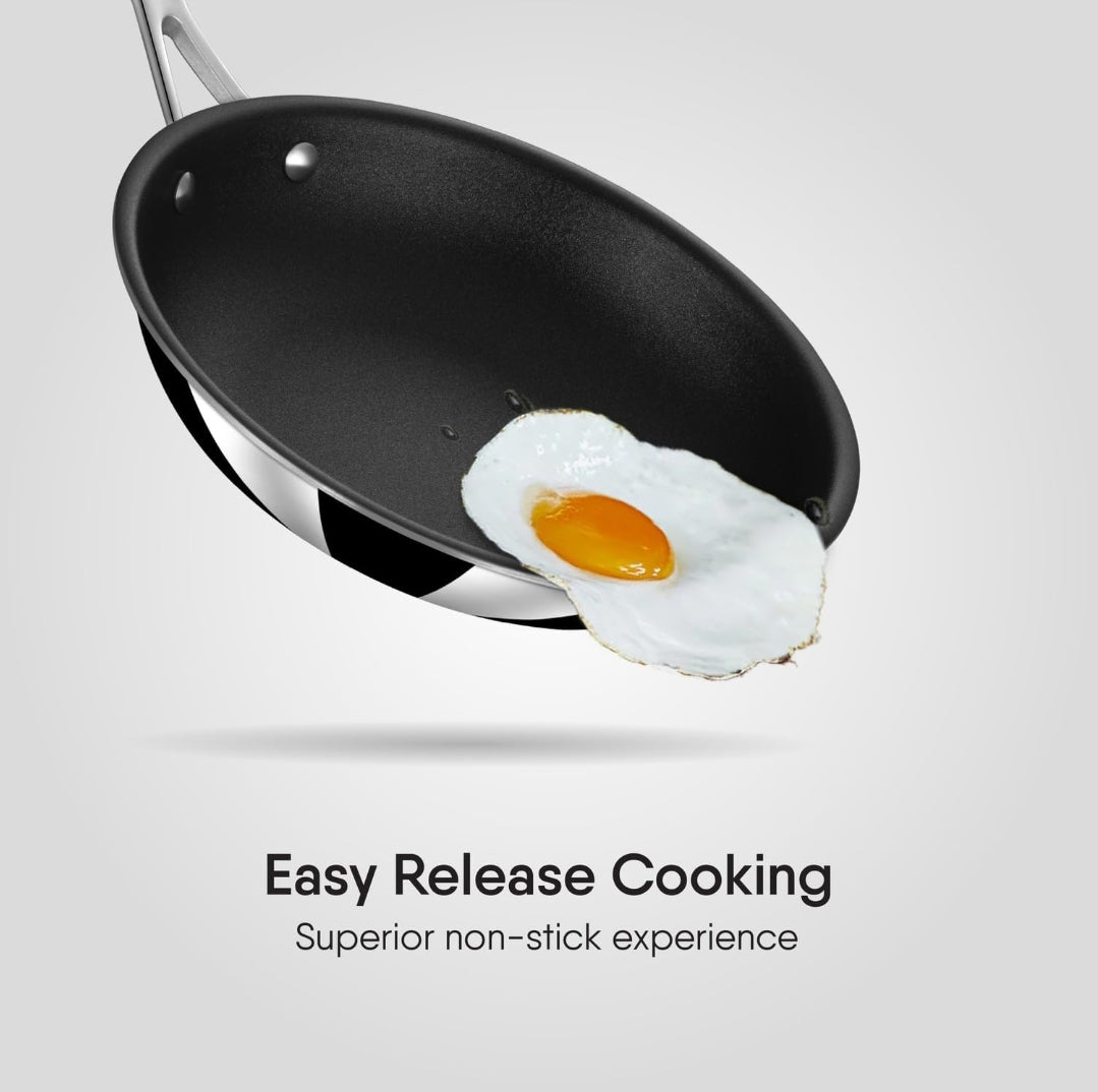 Stahl Artisan Schild Frypan Triply Stainless Steel + PEEK-Reinforced Non-Stick Fry Pan | Induction & Gas Compatible | with Glass Lid