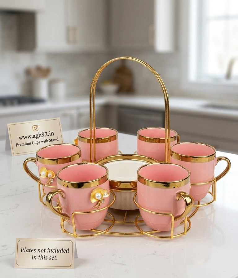 Luxury Floral Porcelain Tea Cup with Matching Bowl & Gold PVD Stand
