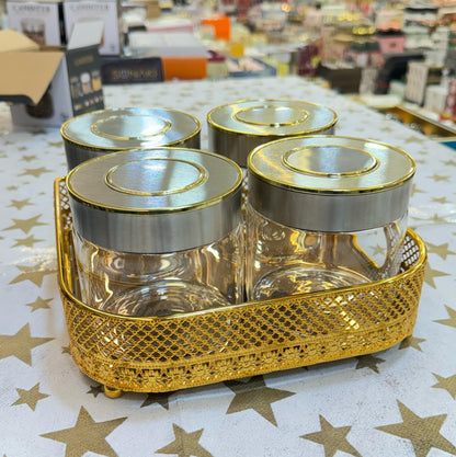 Delightful golden-steel-glass dry fruit tray set.