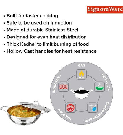 Signoraware Artista Tri Ply Stainless Steel Hammered Deep Kadhai with Steel Lid | Even Heat Distribution | Ideal for Deep Frying & Daily Indian Cooking Needs