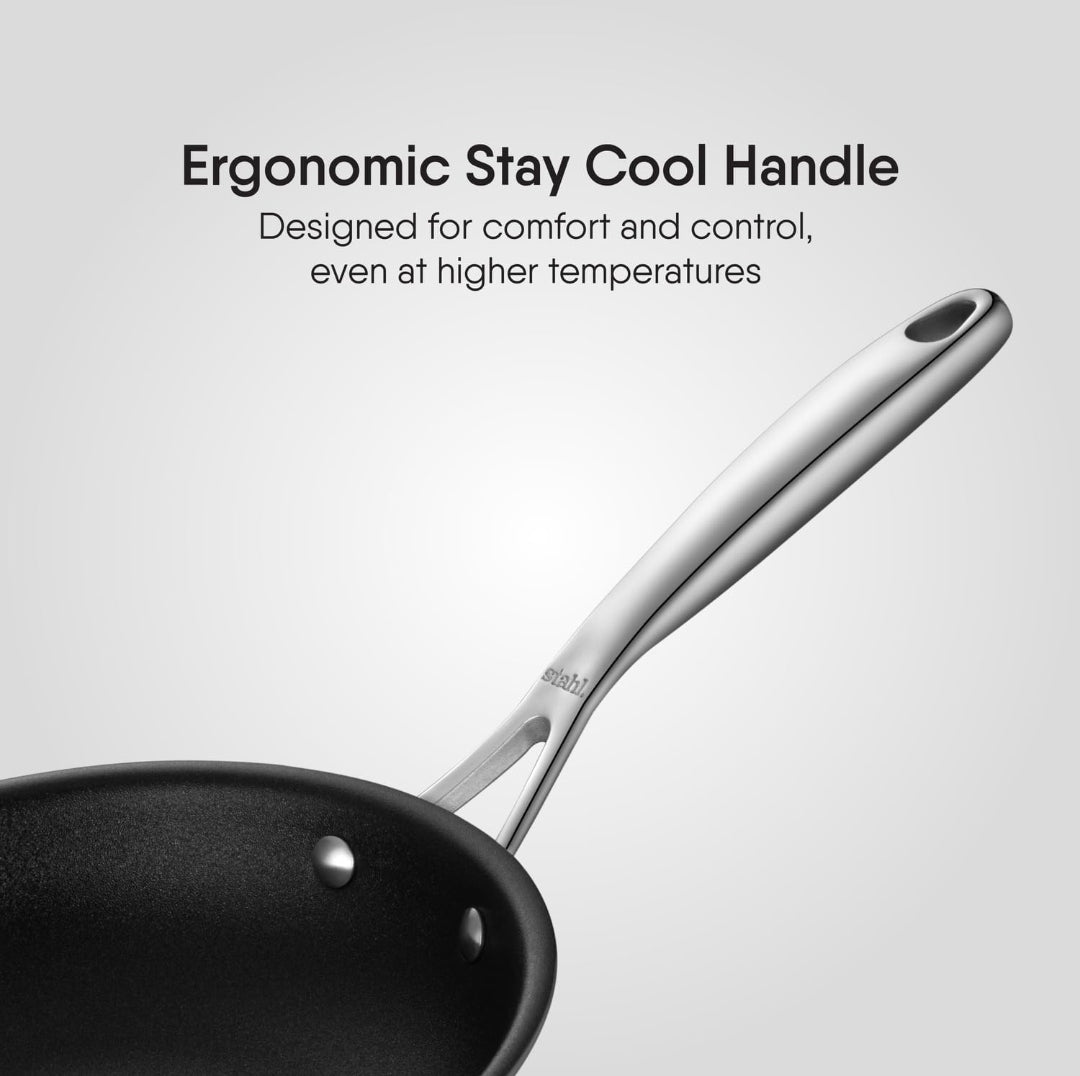 Stahl Artisan Schild Frypan Triply Stainless Steel + PEEK-Reinforced Non-Stick Fry Pan | Induction & Gas Compatible | with Glass Lid