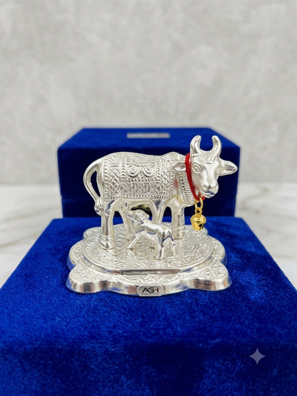 Silver Plated Kamdhenu Cow and Calf Idol (10pc set) with Velvet Gift Box (Auspicious Vastu & Return Gift)