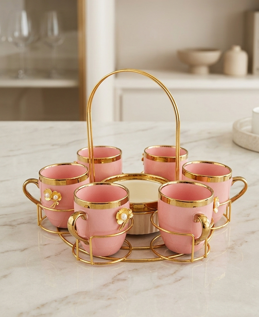 Luxury Floral Porcelain Tea Cup with Matching Bowl & Gold PVD Stand