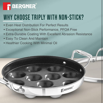 Argent Samsara Tri-Ply Stainless Steel Round Paniyarakkal with 11 Pits (25cm Diameter) - Induction Bottom