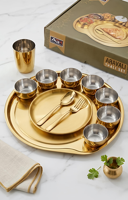 Premium PVD Gold | Rose Gold Coated Stainless Steel Aravali Thali Set (11-Piece)