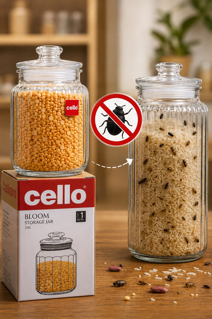 Cello Bloom Airtight Glass Jar – Ribbed Textured Kitchen Storage Containers for Dry Food, Snacks & Dry Fruits