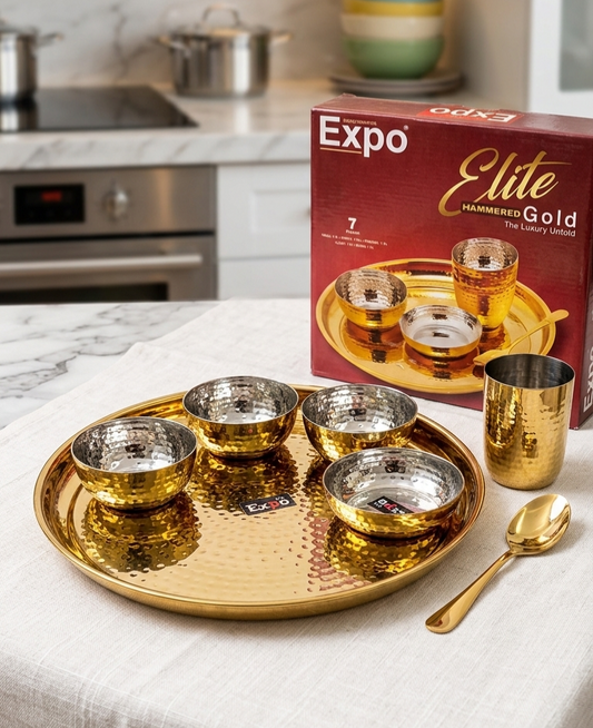 Expo Elite Hammered Gold 7-Piece Luxury Dinner Set – Stainless Steel & Brass Finish