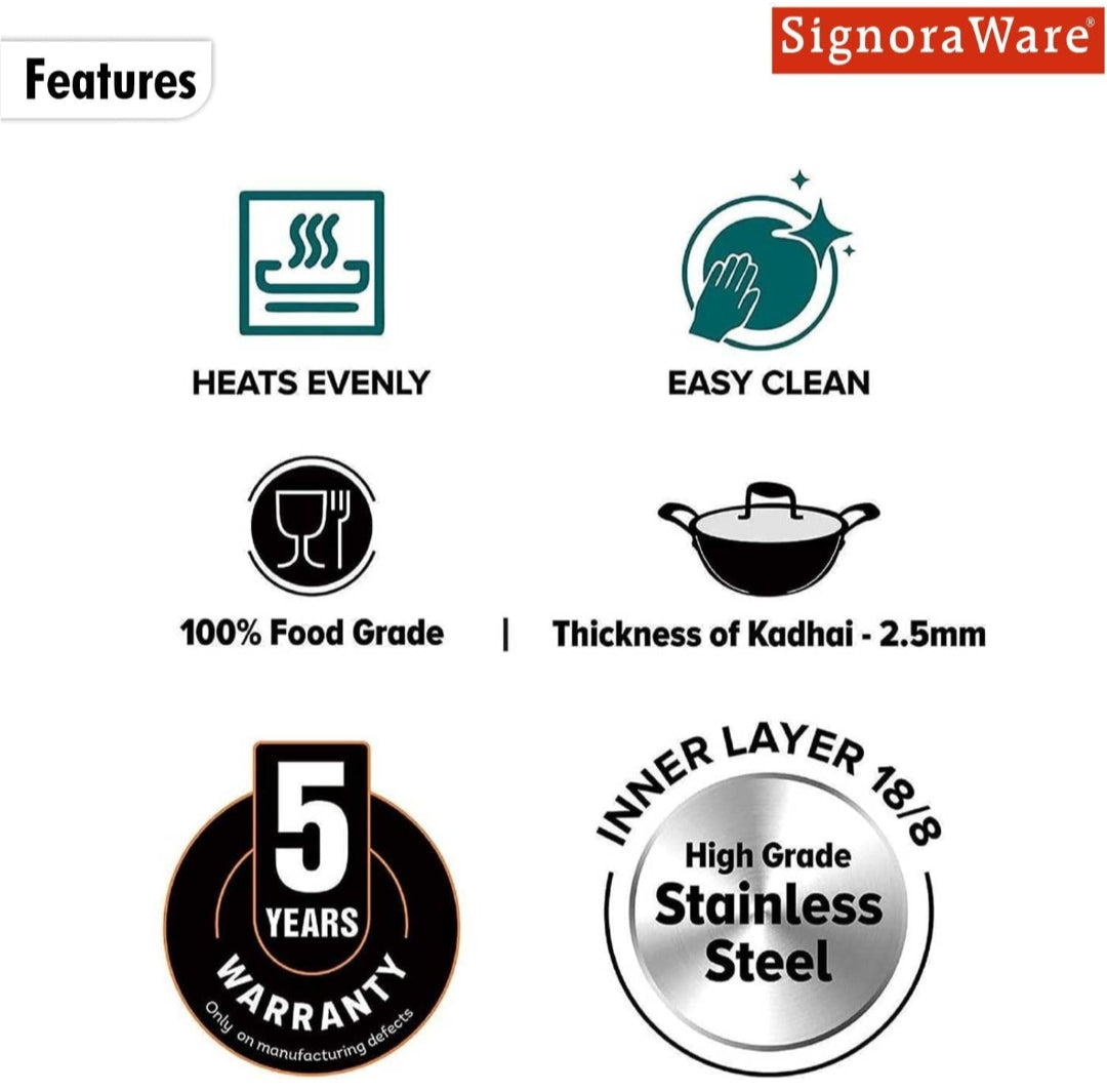 Signoraware Artista Tri Ply Stainless Steel Hammered Deep Kadhai with Steel Lid | Even Heat Distribution | Ideal for Deep Frying & Daily Indian Cooking Needs