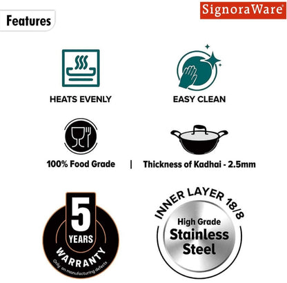 Signoraware Artista Tri Ply Stainless Steel Hammered Deep Kadhai with Steel Lid | Even Heat Distribution | Ideal for Deep Frying & Daily Indian Cooking Needs