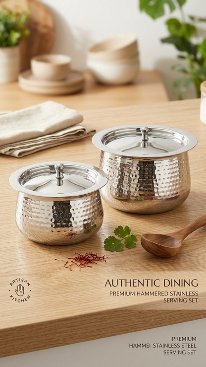 Premium Stainless Steel Hammered Donga / Handi Set with Lids – Traditional Serving Pot Set