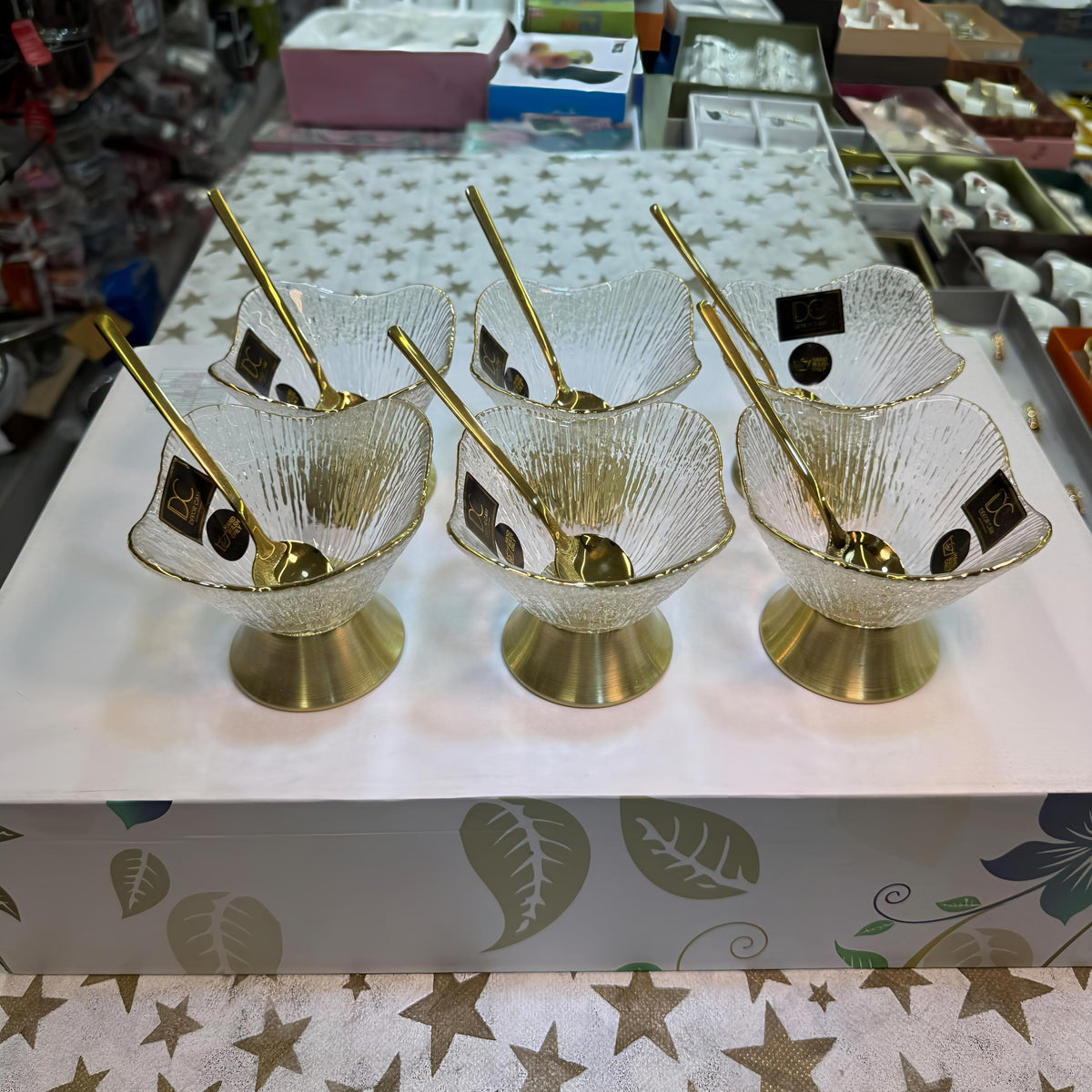 HI-LUXE Premium Glass Ice Cream Bowls Set with Golden PVD Coated Base & Spoons (Set of 6)