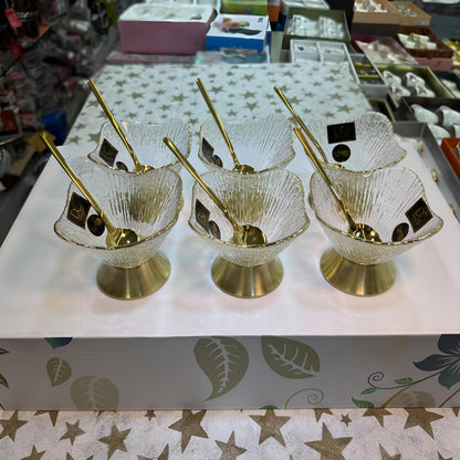 HI-LUXE Premium Glass Ice Cream Bowls Set with Golden PVD Coated Base & Spoons (Set of 6)