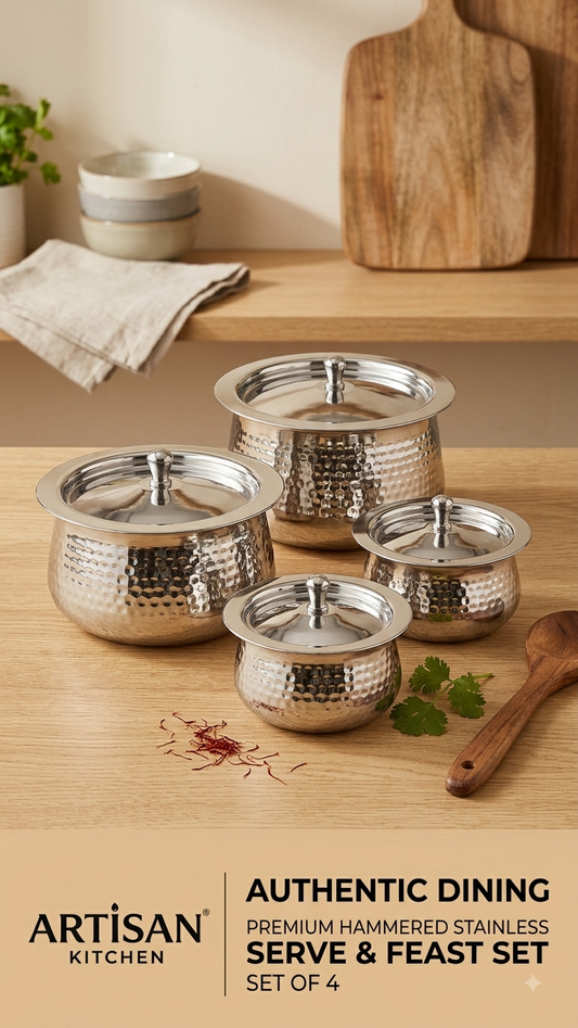 Premium Stainless Steel Hammered Donga / Handi Set with Lids – Traditional Serving Pot Set