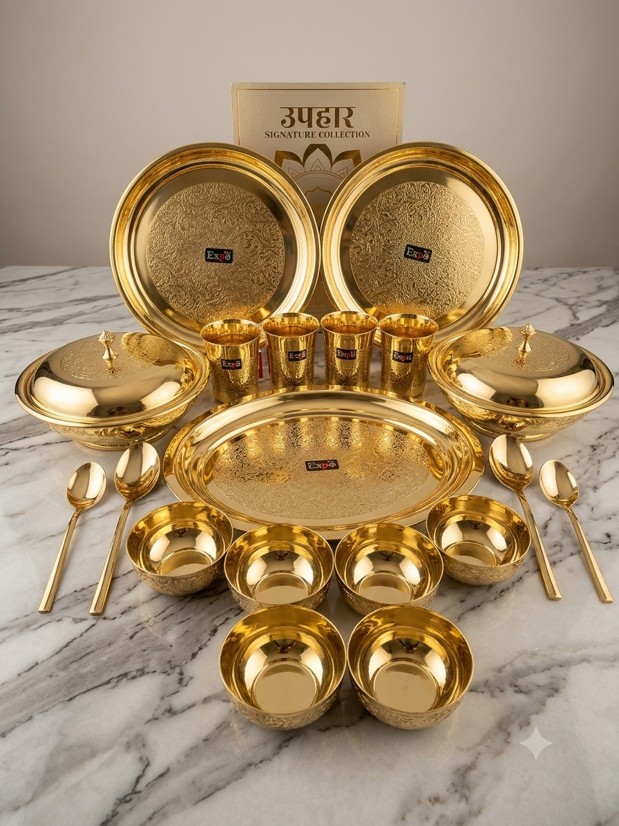 Premium Pure Brass Hand-Etched Dinner Set – 36 Pieces | Royal Brass Cutlery & Serving Thali Set