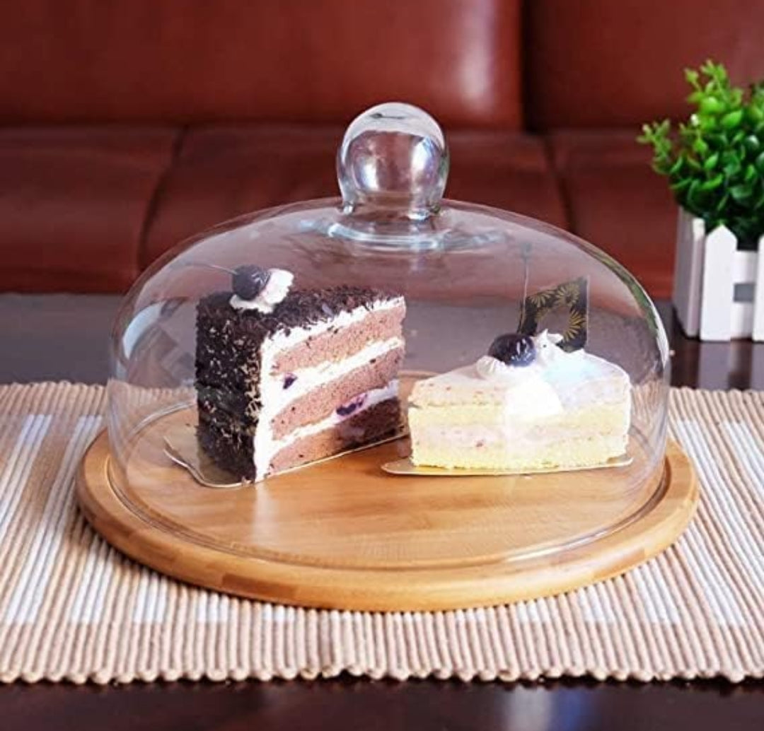 Acrylic Dome Wooden Cake Stand, Dessert and Cupcake Display Stand, Pastry Stand,Round Cake Cutting Holder (11 x 4.5 inch)