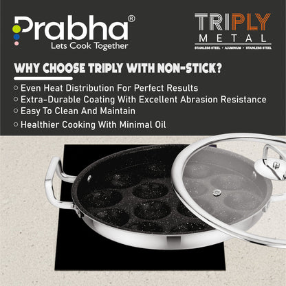 Prabha Amber Tri-ply Stainless Steel Stick-Resistant Paniyarakal With 14 Pits (26cm Diameter)-Induction Bottom