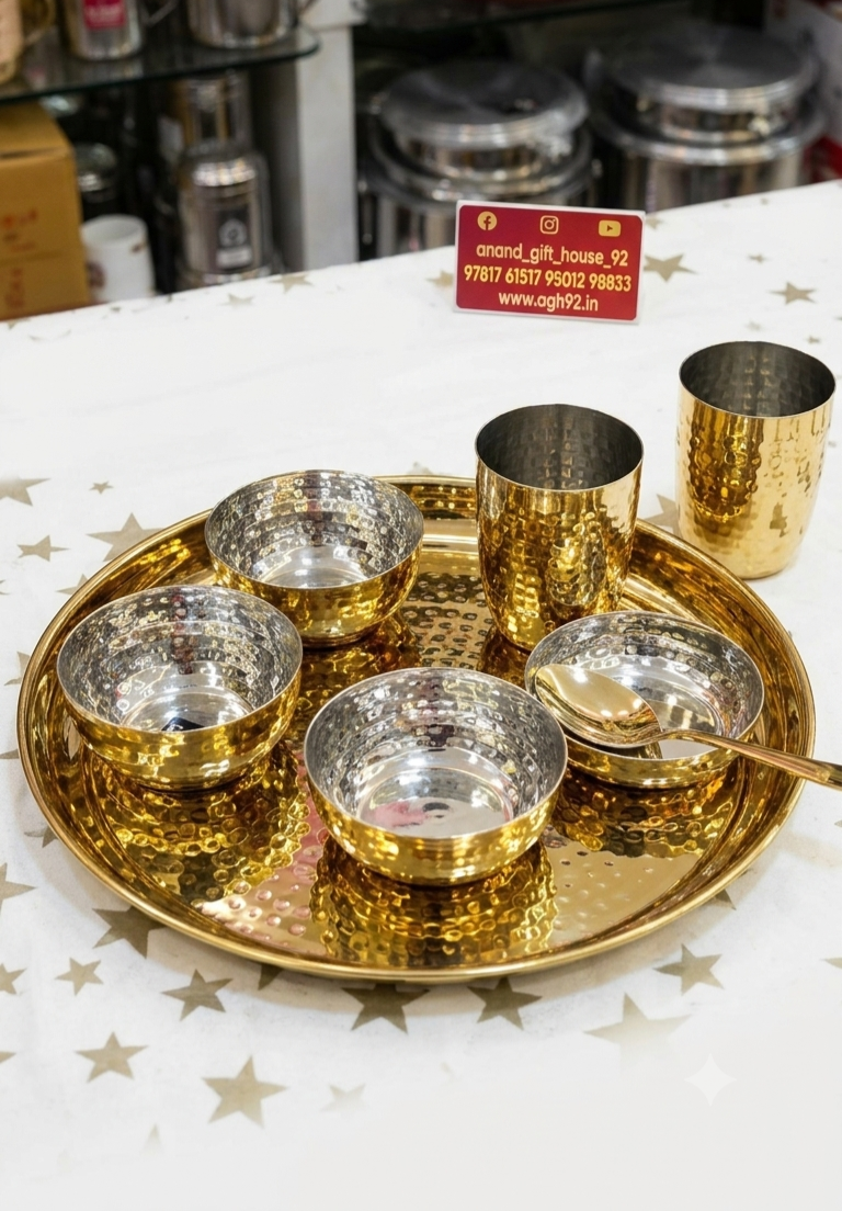 Expo Elite Hammered Gold 7-Piece Luxury Dinner Set – Stainless Steel & Brass Finish