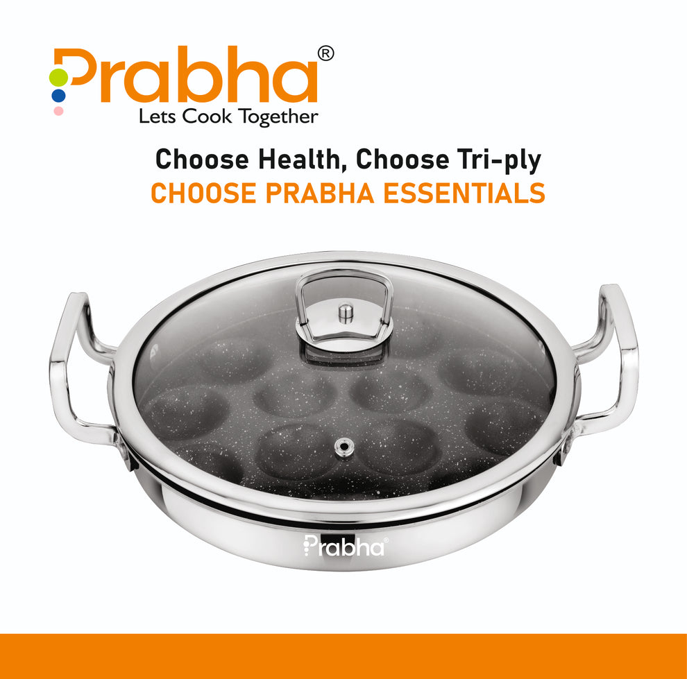 Prabha Amber Tri-ply Stainless Steel Stick-Resistant Paniyarakal With 14 Pits (26cm Diameter)-Induction Bottom
