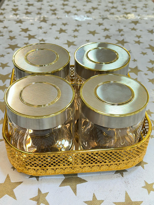 Delightful golden-steel-glass dry fruit tray set.