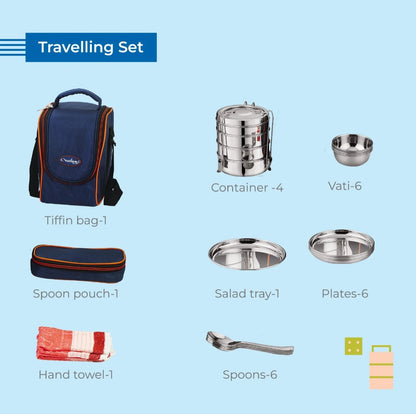 Neelam Stainless Steel Lunch Box/Tiffin with Bag, 26 Pieces Set, 5900 ml, Perfect for Picnic and Travel.