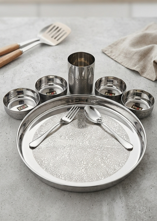 Expo Premium 8-Piece Etched Stainless Steel Thali Set | Pure Heavy-Gauge Stainless Steel Thali Set