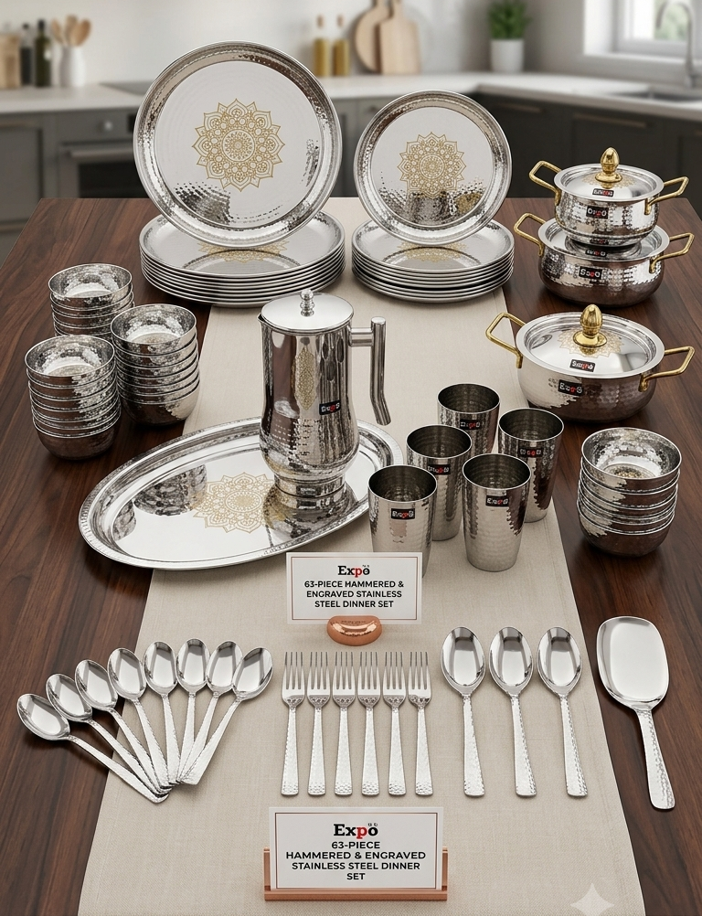 Expo 63 Pcs Premium Stainless Steel Hammered Dinner Set with Brass Knobs & Handles