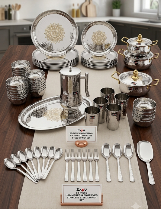 Expo 63 Pcs Premium Stainless Steel Hammered Dinner Set with Brass Knobs & Handles