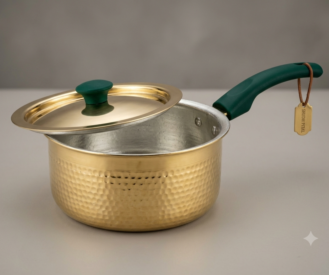 Premium Pure Brass Hammered Saucepan with Food-Grade Kalai Coating & Heat-Resistant Silicone Grip