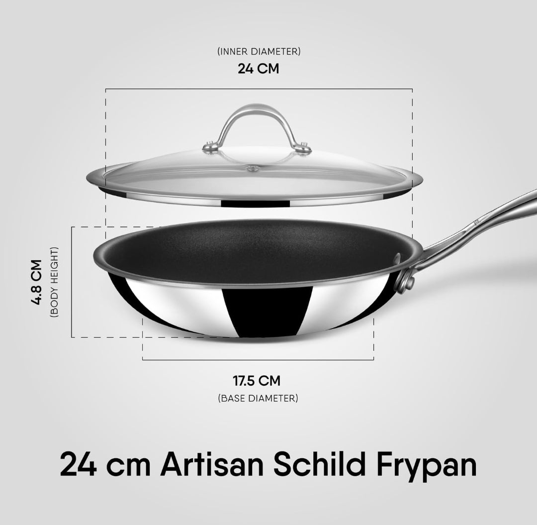 Stahl Artisan Schild Frypan Triply Stainless Steel + PEEK-Reinforced Non-Stick Fry Pan | Induction & Gas Compatible | with Glass Lid