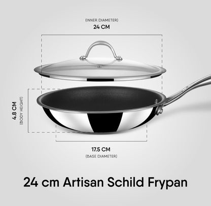 Stahl Artisan Schild Frypan Triply Stainless Steel + PEEK-Reinforced Non-Stick Fry Pan | Induction & Gas Compatible | with Glass Lid